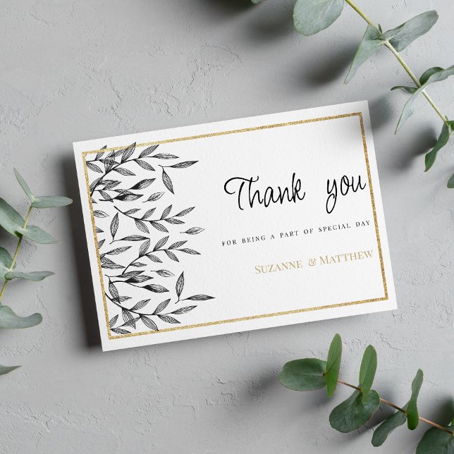 Simple black white gold floral foliage Thank You Invitation (Simple black white gold floral foliage Thank You )