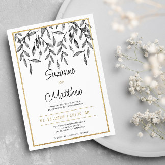 Simple black white gold floral foliage wedding invitation