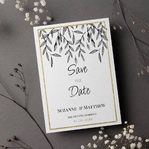 Simple black white gold foliage Save the Date Invitation