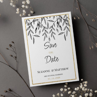 Simple black white gold foliage Save the Date Invitation