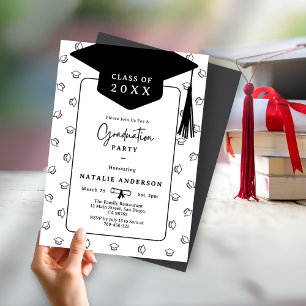 Simple Black & White Graduate Hat Graduation Party Invitation