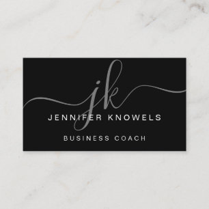 Simple Black White Grey Elegant Monogram Script  Business Card