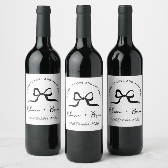 Simple Black & White Hand Drawn Bow Sketch Wedding Wine Label (Bottles)