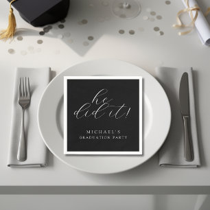 Simple Black White He Did It Graduation Party Napkin