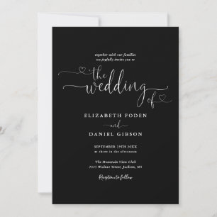 Simple Black White Hearts Script Photo Wedding Invitation