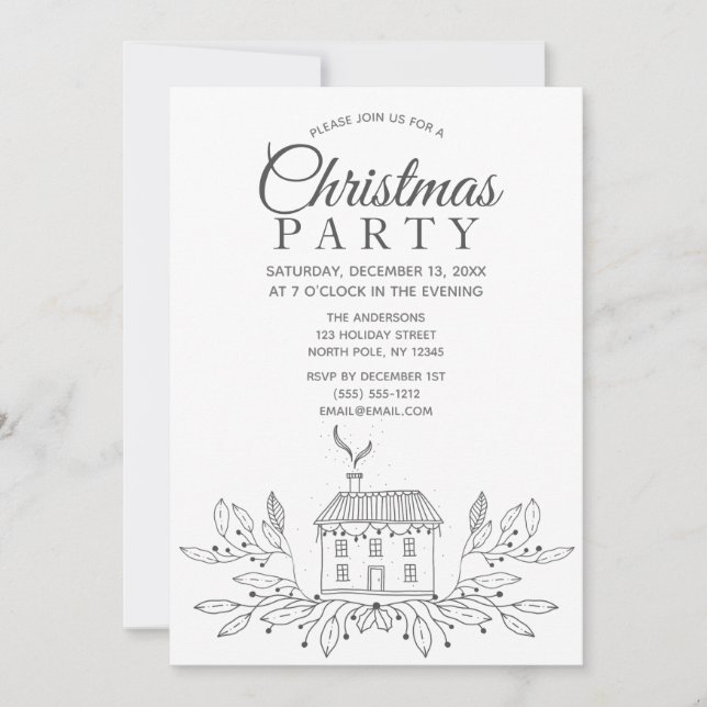 Simple Black White House Christmas Party Invitation (Front)