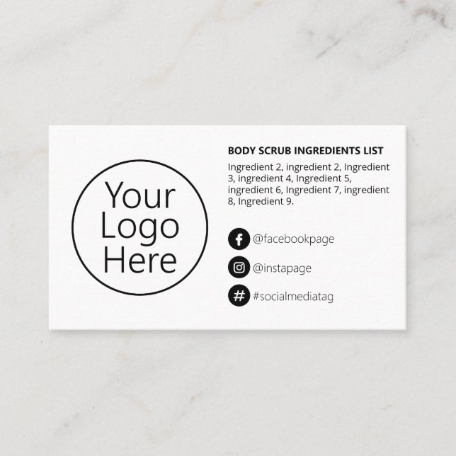 Simple Black White Ingredients Instructions Logo Business Card (Front)