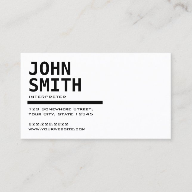 Simple Black & White Interpreter Business Card (Front)