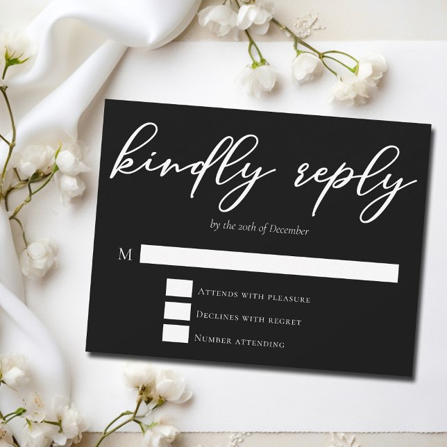 Simple Black White Kindly Reply Modern Wedding RSVP Card (Creator Uploaded)