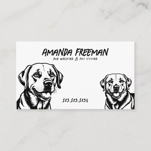 Simple Black & White Labrador Art Dog Walking Business Card (Front)