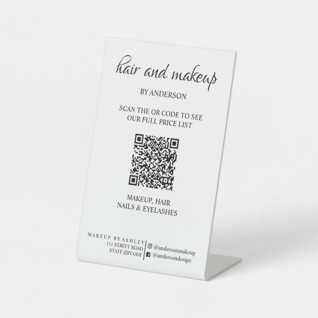 Simple black & white makeup digital QR price  Pedestal Sign (Front)