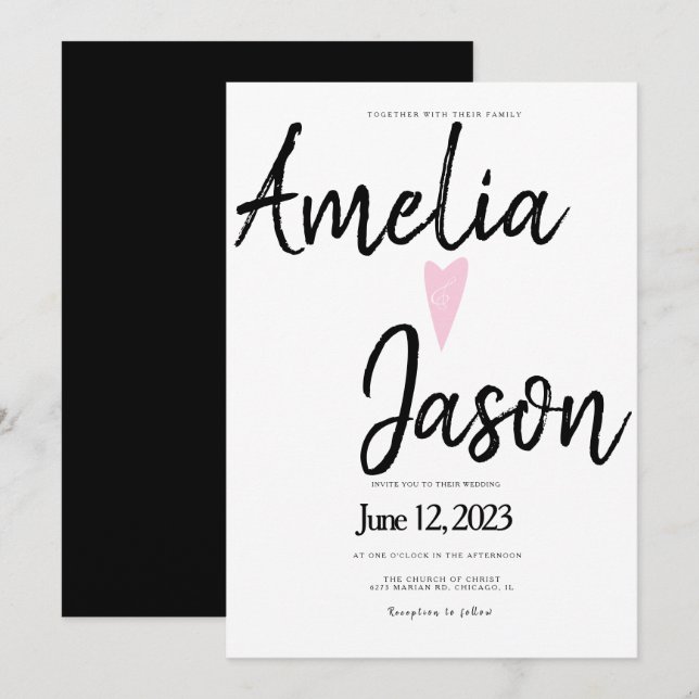 Simple Black White Marker Script Heart Wedding Invitation (Front/Back)