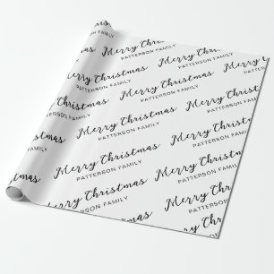 Simple Black White Merry Christmas Family Name Wrapping Paper