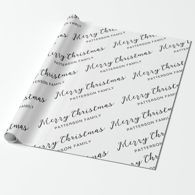 Simple Black White Merry Christmas Family Name Wrapping Paper (Unrolled)
