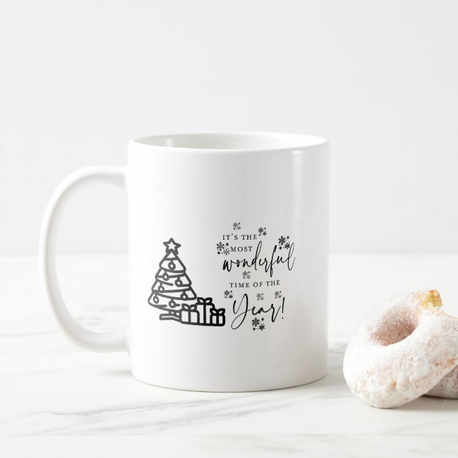Simple Black White Merry Christmas Trees Quote Coffee Mug (With Donut)