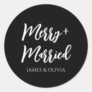 Simple Black & White Merry & Married Christmas Classic Round Sticker