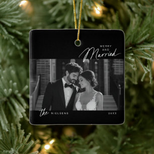 Simple Black White Merry Married Script Photo Ceramic Ornament