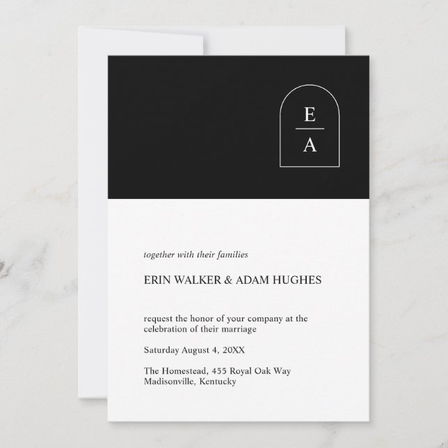 Simple Black & White Minimal Arch Monogram Invitation (Front)