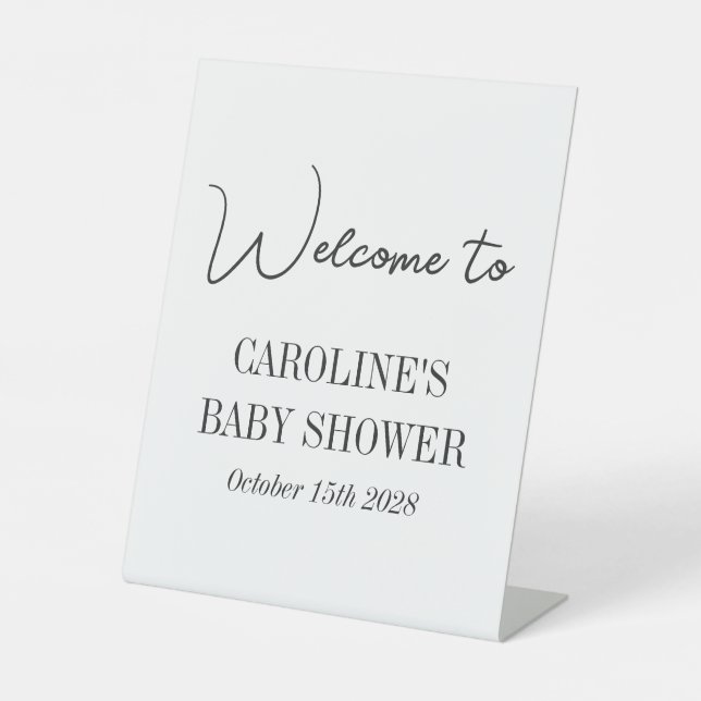 Simple Black White Minimalist Custom Baby Shower Pedestal Sign (Front)