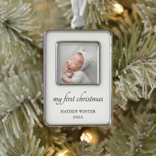Simple Black White Minimalist Photo Baby's First Silver Plated Framed Ornament