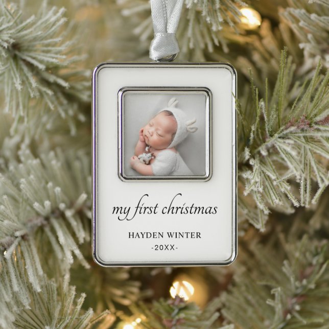 Simple Black White Minimalist Photo Baby's First Silver Plated Framed Ornament (Tree)