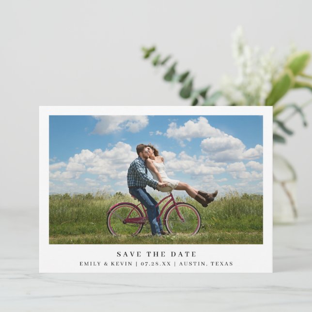 Simple Black White Minimalist Photo Modern Wedding Save The Date (Standing Front)