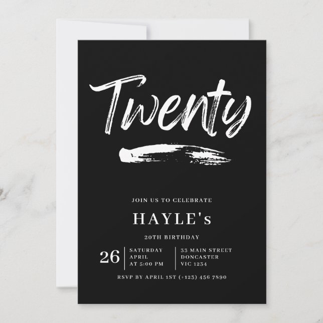 Simple Black & White Modern Brush 20th Birthday Invitation (Front)
