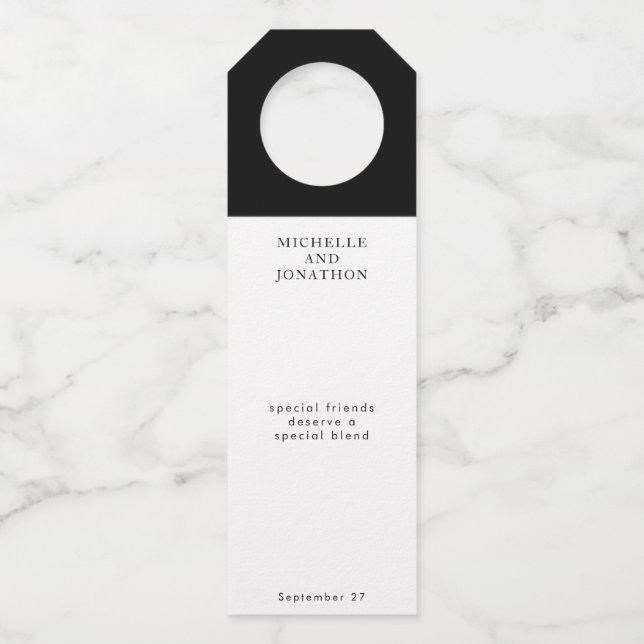 Simple Black & White Modern Calligraphy Wedding Bottle Tag (Front)
