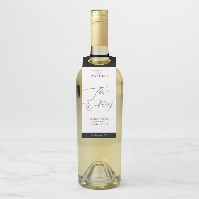 Simple Black & White Modern Calligraphy Wedding Bottle Tag (On Bottle)