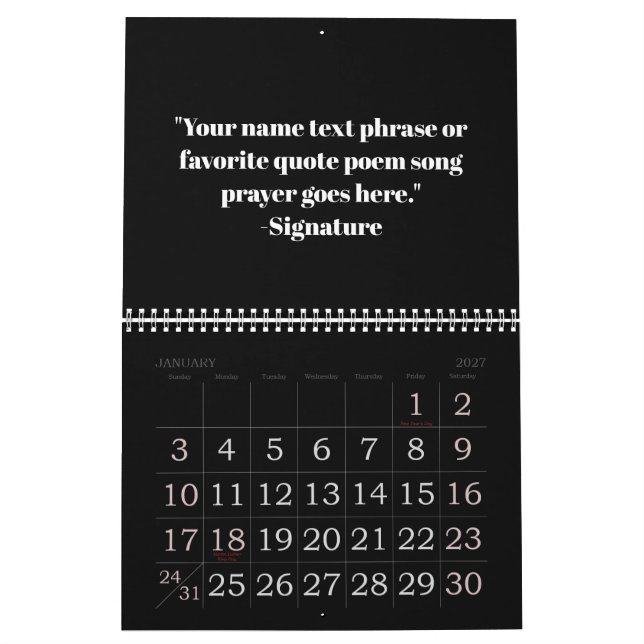 Simple black white modern typography custom quote calendar (Jan 2027)