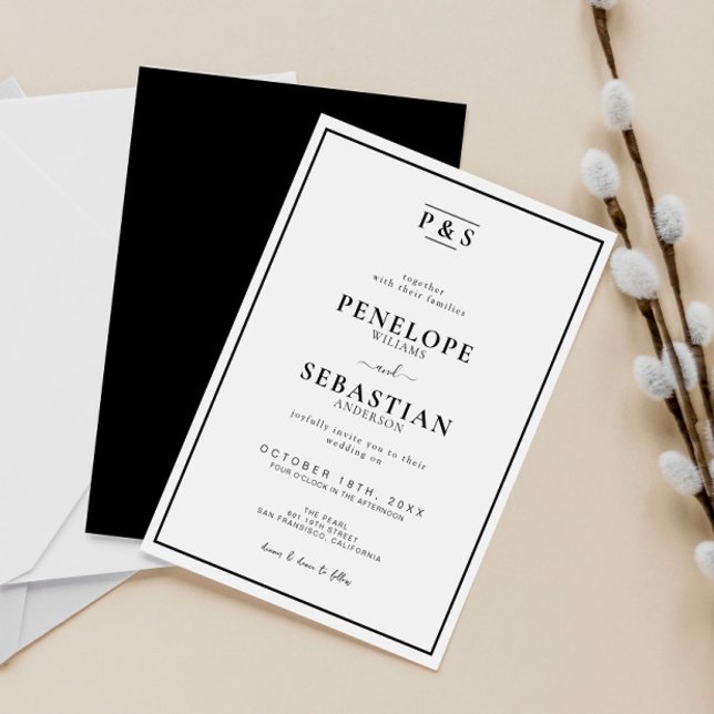 Simple Black & White Monogram Chic Wedding Invitation (Creator Uploaded)