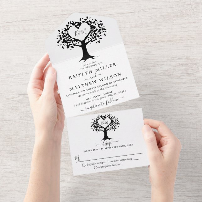 Simple Black & White Monogram Heart Tree Wedding All In One Invitation (Tearaway)