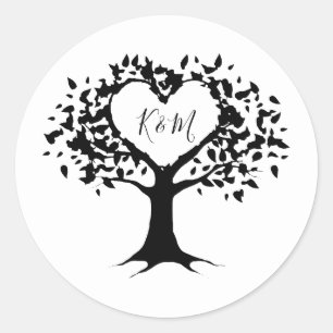 Simple Black & White Monogram Heart Tree Wedding Classic Round Sticker