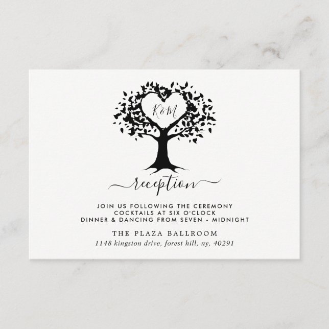 Simple Black & White Monogram Heart Tree Wedding Enclosure Card (Front)