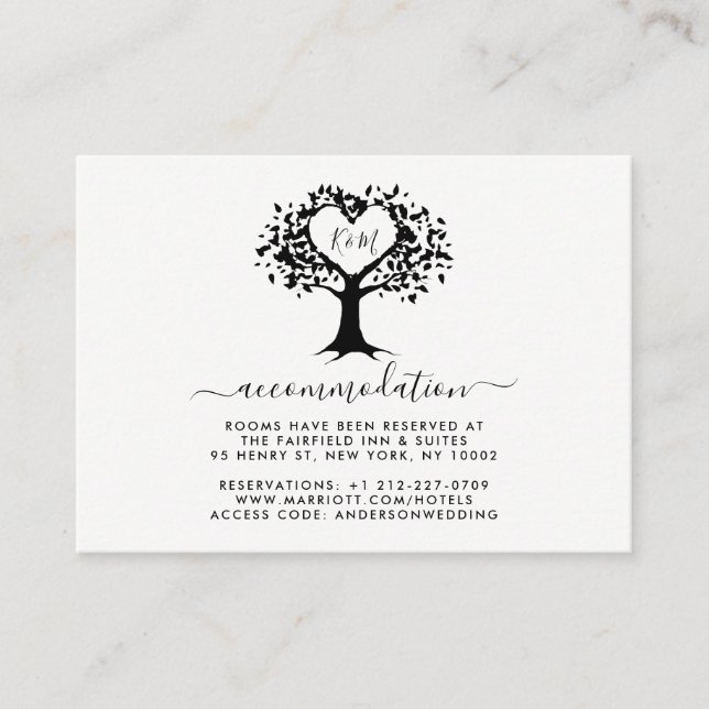 Simple Black & White Monogram Heart Tree Wedding Enclosure Card (Front)