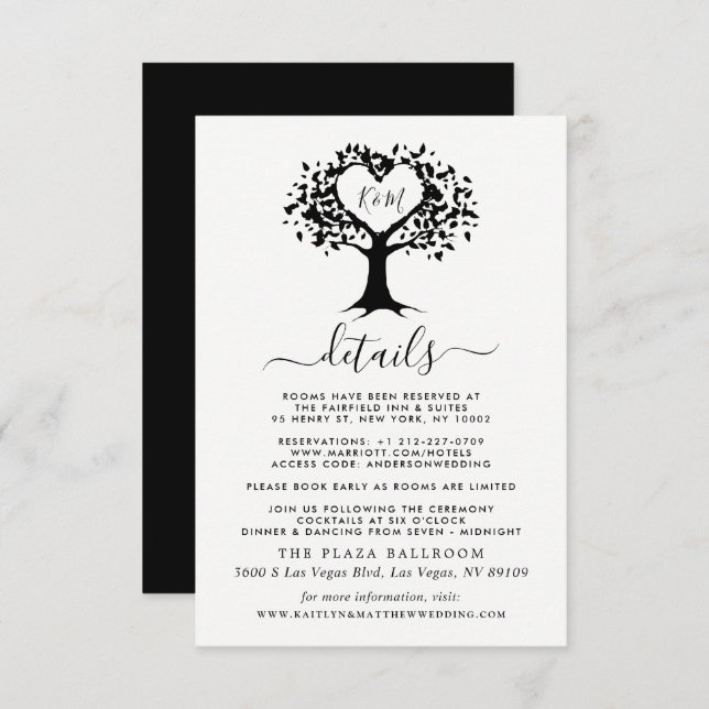 Simple Black & White Monogram Heart Tree Wedding Enclosure Card (Front/Back)