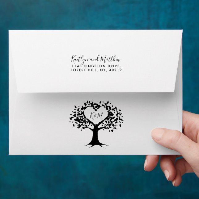 Simple Black & White Monogram Heart Tree Wedding Envelope (Hand)