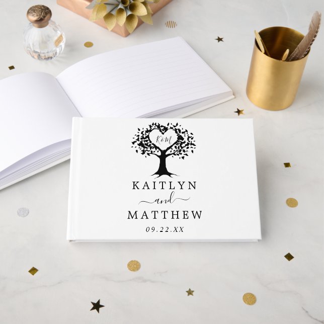 Simple Black & White Monogram Heart Tree Wedding Guest Book (Front Open)