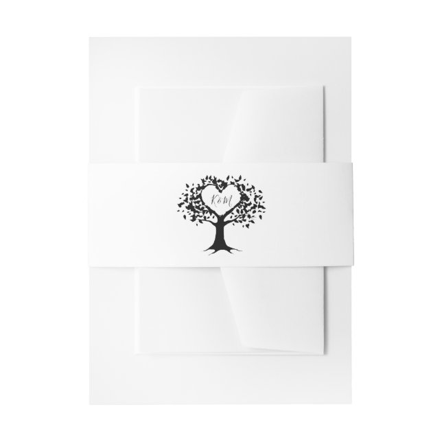 Simple Black & White Monogram Heart Tree Wedding Invitation Belly Band (Front Example)