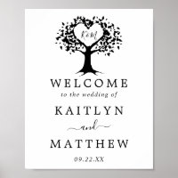 Simple Black & White Monogram Heart Tree Wedding