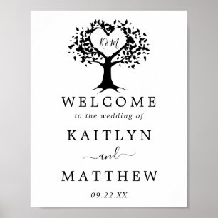Simple Black & White Monogram Heart Tree Wedding Poster