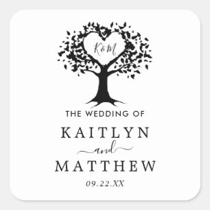 Simple Black & White Monogram Heart Tree Wedding Square Sticker