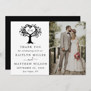 Simple Black & White Monogram Heart Tree Wedding Thank You Card