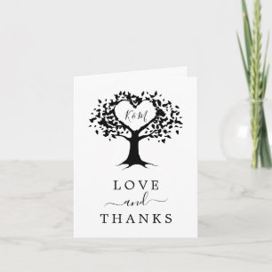 Simple Black & White Monogram Heart Tree Wedding Thank You Card