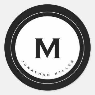 Simple Black & White Monogram Initial & Name Classic Round Sticker