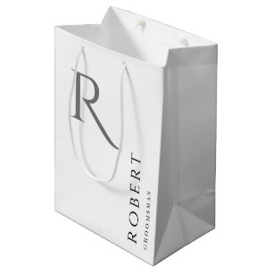 Simple Black White Monogram Personalised Groomsmen Medium Gift Bag