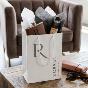 Simple Black White Monogram Personalised Groomsmen Medium Gift Bag