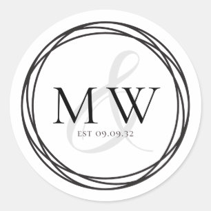 Simple Black White Monogram Wedding Classic Round Sticker