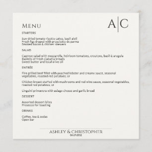 Simple Black & White Monogram Wedding Reception Menu