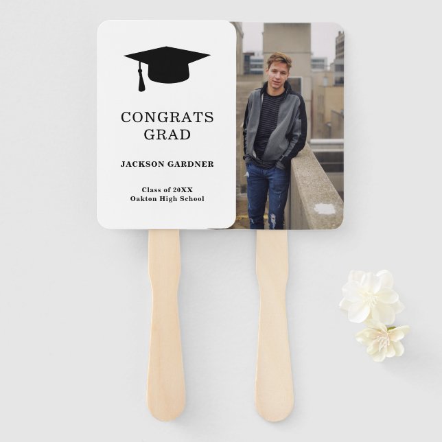 Simple Black White Mortar Board Modern Graduation Hand Fan (Front and Back)